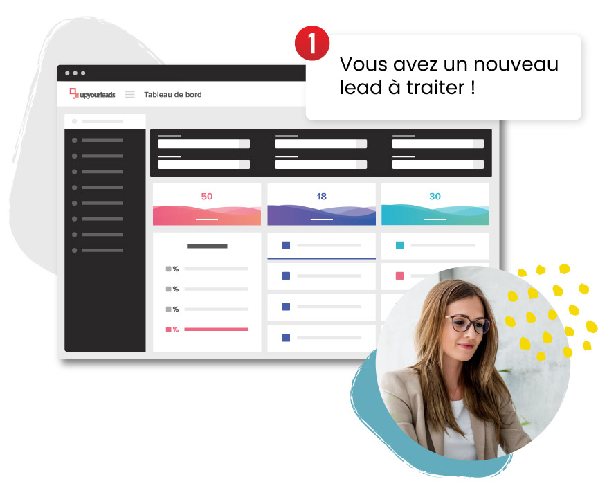 Une conseillère commerciale en concession reçoit un lead à traiter sur le logiciel UpYourLeads